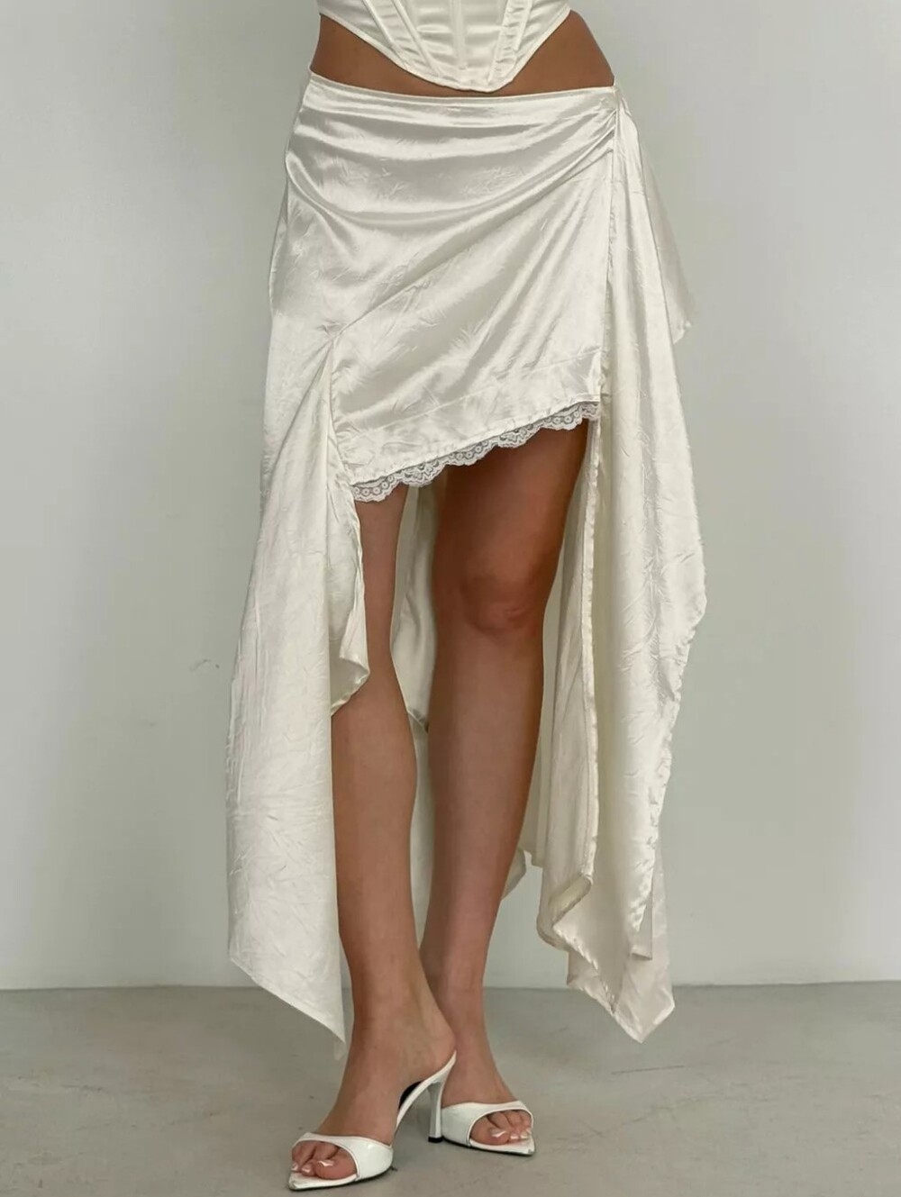Satin High-Low Lace Trim Skirt